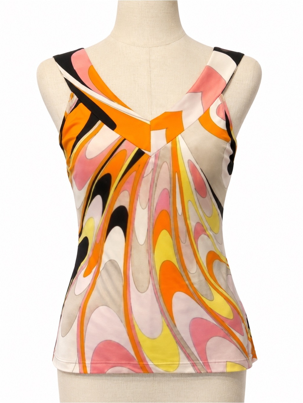 Emilio Pucci Abstract Swirl V-Neck Camisole in Pink, Orange & Yellow, size 6